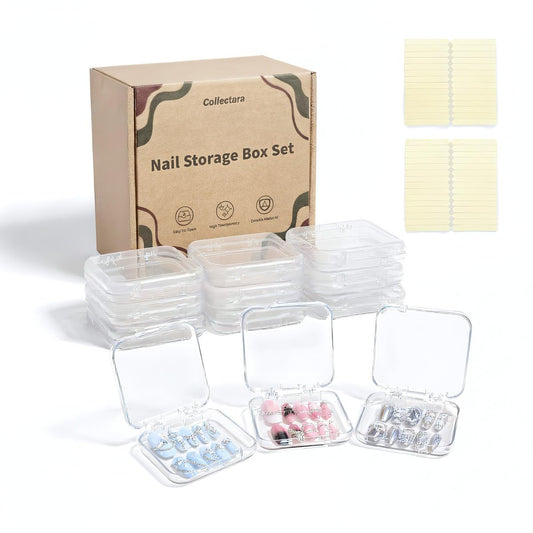 12 Pcs Clear Press on Nail Storage Box Set with 60 Double Sided Adhesive Tapes – Crystal Display Case for Nail Art Business & Salon