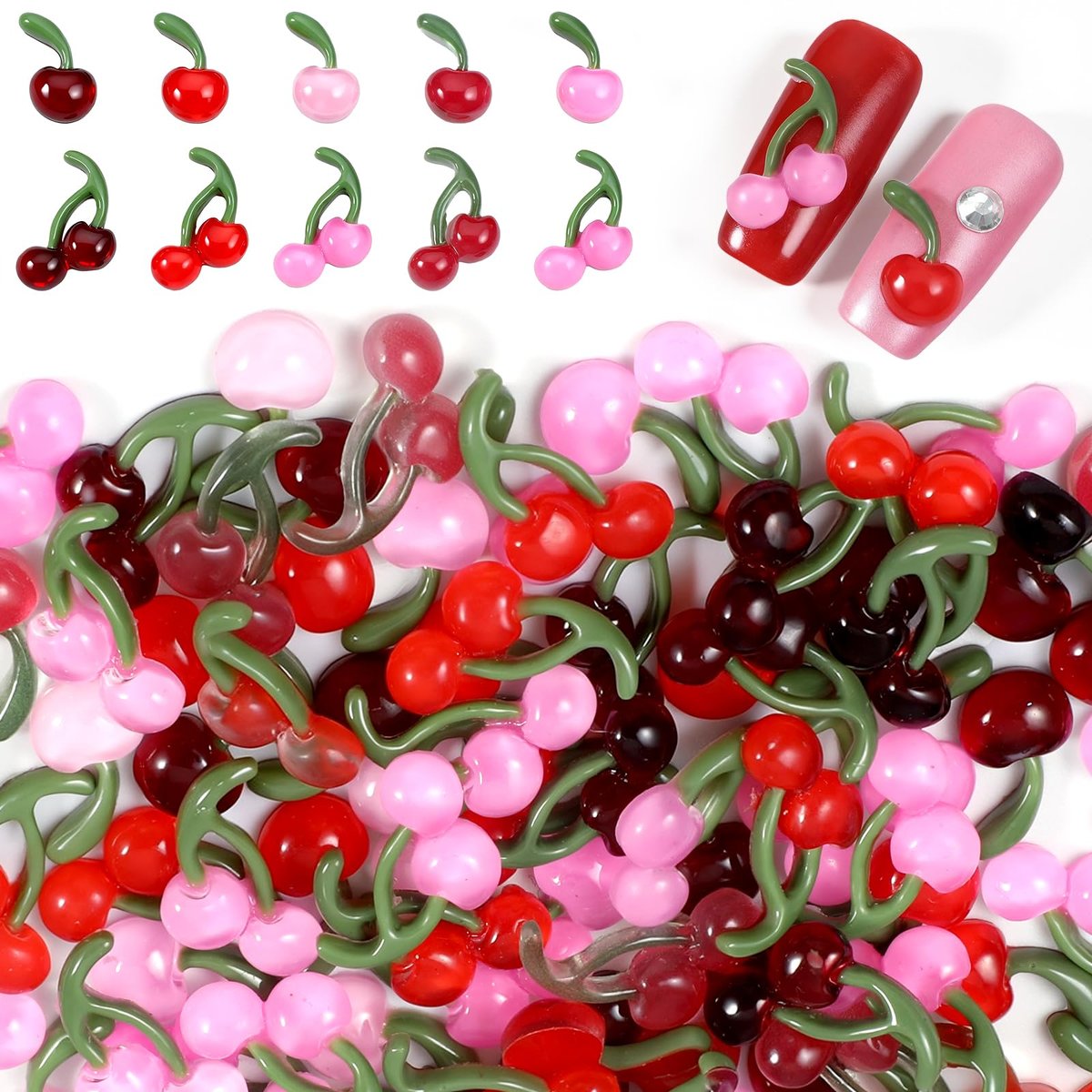 100PCS Small Cherry Gems for Nails - Y2K 3D Cherry Nail Charms, Shiny Crystal Fruit Nail Art Supplies, DIY Craft Design Accessories for Manicure & Craft Projects - görsel 1