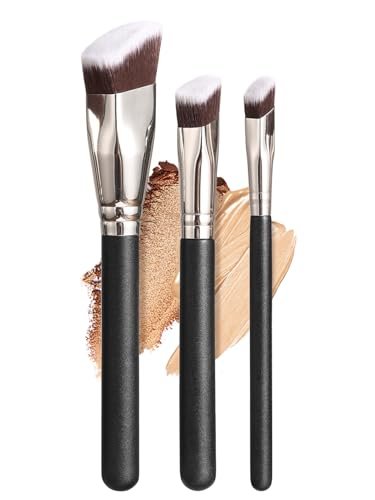 KINGMAS 3-Piece Angled Foundation Brush Set – Synthetic Bristles for Concealer, Contour, Bronzer & Blending