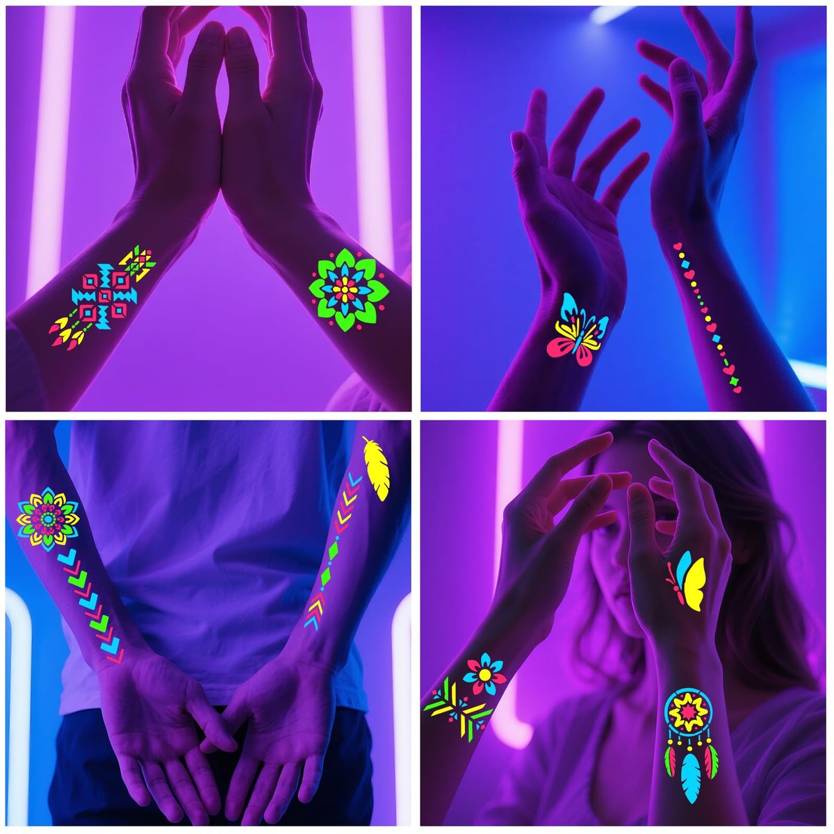 Glow in the Dark Temporary Tattoo Markers for Face Paint - 4PCS UV Neon Body Markers + 8 Sheets Stencil, Flexible Brush Tip, DIY Body Art Set for Adults Avelisse