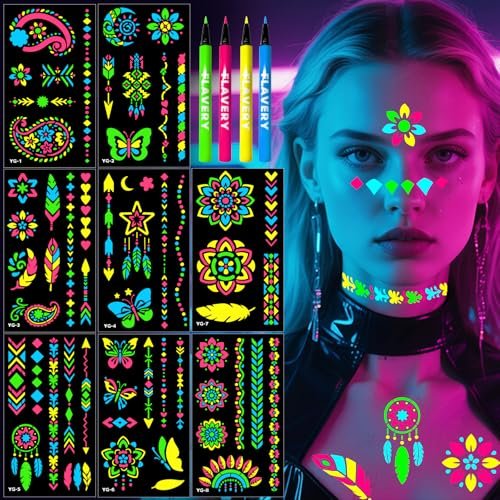 Glow in the Dark Temporary Tattoo Markers for Face Paint - 4PCS UV Neon Body Markers + 8 Sheets Stencil, Flexible Brush Tip, DIY Body Art Set for Adults Avelisse