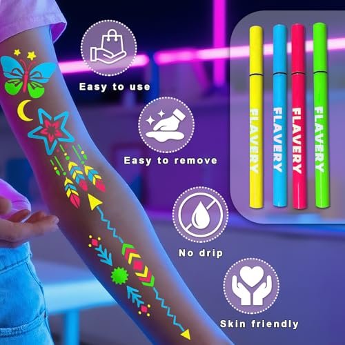 Glow in the Dark Temporary Tattoo Markers for Face Paint - 4PCS UV Neon Body Markers + 8 Sheets Stencil, Flexible Brush Tip, DIY Body Art Set for Adults Avelisse