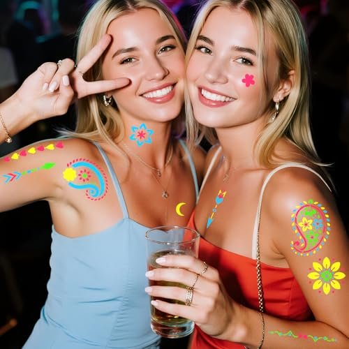 Glow in the Dark Temporary Tattoo Markers for Face Paint - 4PCS UV Neon Body Markers + 8 Sheets Stencil, Flexible Brush Tip, DIY Body Art Set for Adults Avelisse