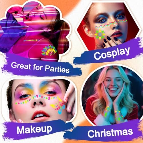 Glow in the Dark Temporary Tattoo Markers for Face Paint - 4PCS UV Neon Body Markers + 8 Sheets Stencil, Flexible Brush Tip, DIY Body Art Set for Adults Avelisse