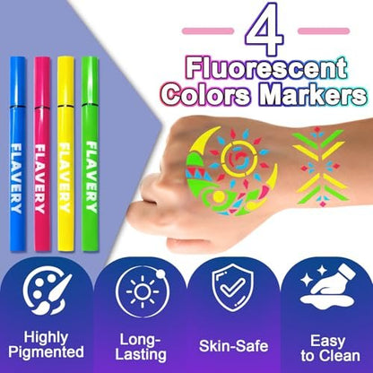 Glow in the Dark Temporary Tattoo Markers for Face Paint - 4PCS UV Neon Body Markers + 8 Sheets Stencil, Flexible Brush Tip, DIY Body Art Set for Adults Avelisse