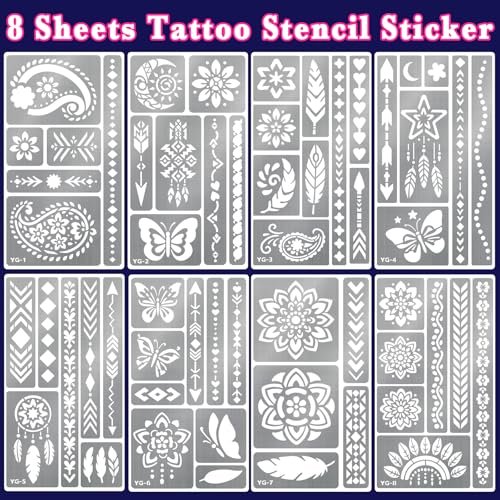 Glow in the Dark Temporary Tattoo Markers for Face Paint - 4PCS UV Neon Body Markers + 8 Sheets Stencil, Flexible Brush Tip, DIY Body Art Set for Adults Avelisse