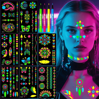 Glow in the Dark Temporary Tattoo Markers for Face Paint - 4PCS UV Neon Body Markers + 8 Sheets Stencil, Flexible Brush Tip, DIY Body Art Set for Adults Avelisse