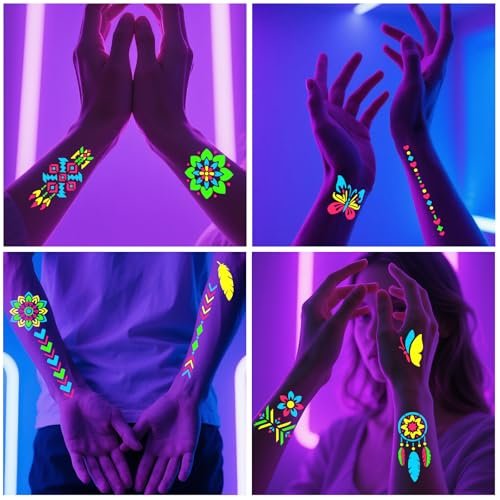 Glow in the Dark Temporary Tattoo Markers for Face Paint - 4PCS UV Neon Body Markers + 8 Sheets Stencil, Flexible Brush Tip, DIY Body Art Set for Adults Avelisse