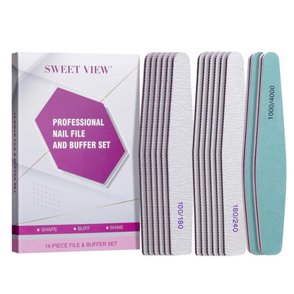 SWEET VIEW 14-Piece Nail File and Buffer Set - 100/180 & 180/240 Grit Emery Boards for Acrylic, Gel, and Natural Nails, with 1000/4000 Grit Buffer Block for High Shine