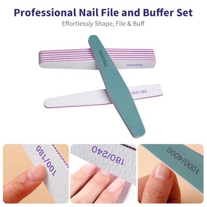 SWEET VIEW 14-Piece Nail File and Buffer Set - 100/180 & 180/240 Grit Emery Boards for Acrylic, Gel, and Natural Nails, with 1000/4000 Grit Buffer Block for High Shine