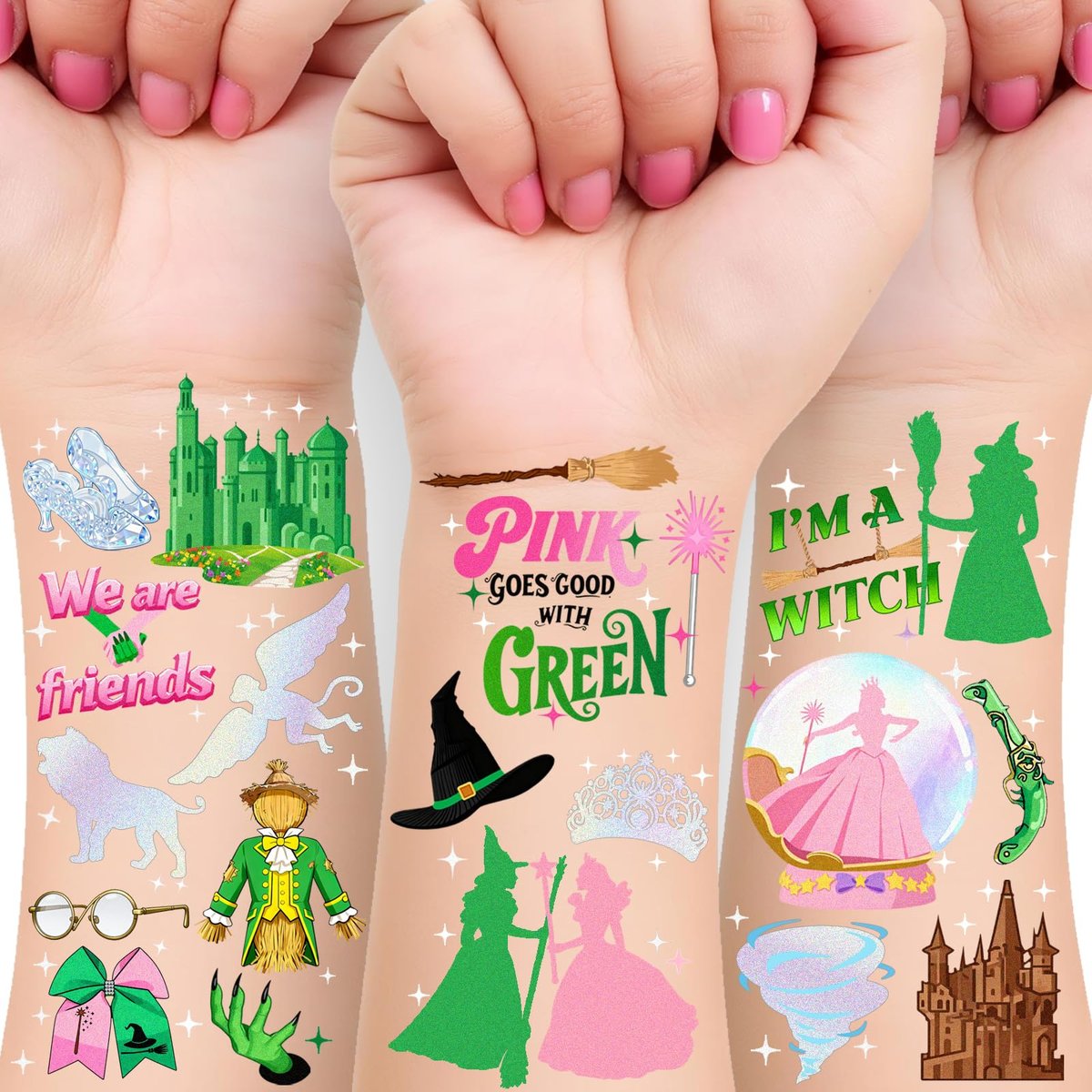 84Pcs Witch Temporary Tattoos - Iridescent Foil Style Birthday Witch Accessory, Wizard Party Decorations, Fake Tattoo Stickers for Kids, Movie Themed Party Favors, Gifts for Boys Girls - görsel 1