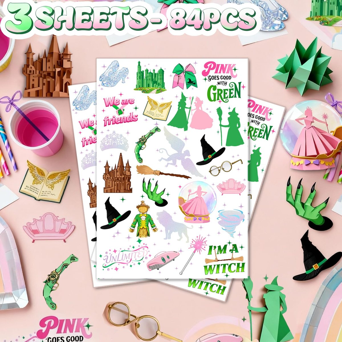 84Pcs Witch Temporary Tattoos - Iridescent Foil Style Birthday Witch Accessory, Wizard Party Decorations, Fake Tattoo Stickers for Kids, Movie Themed Party Favors, Gifts for Boys Girls - görsel 5