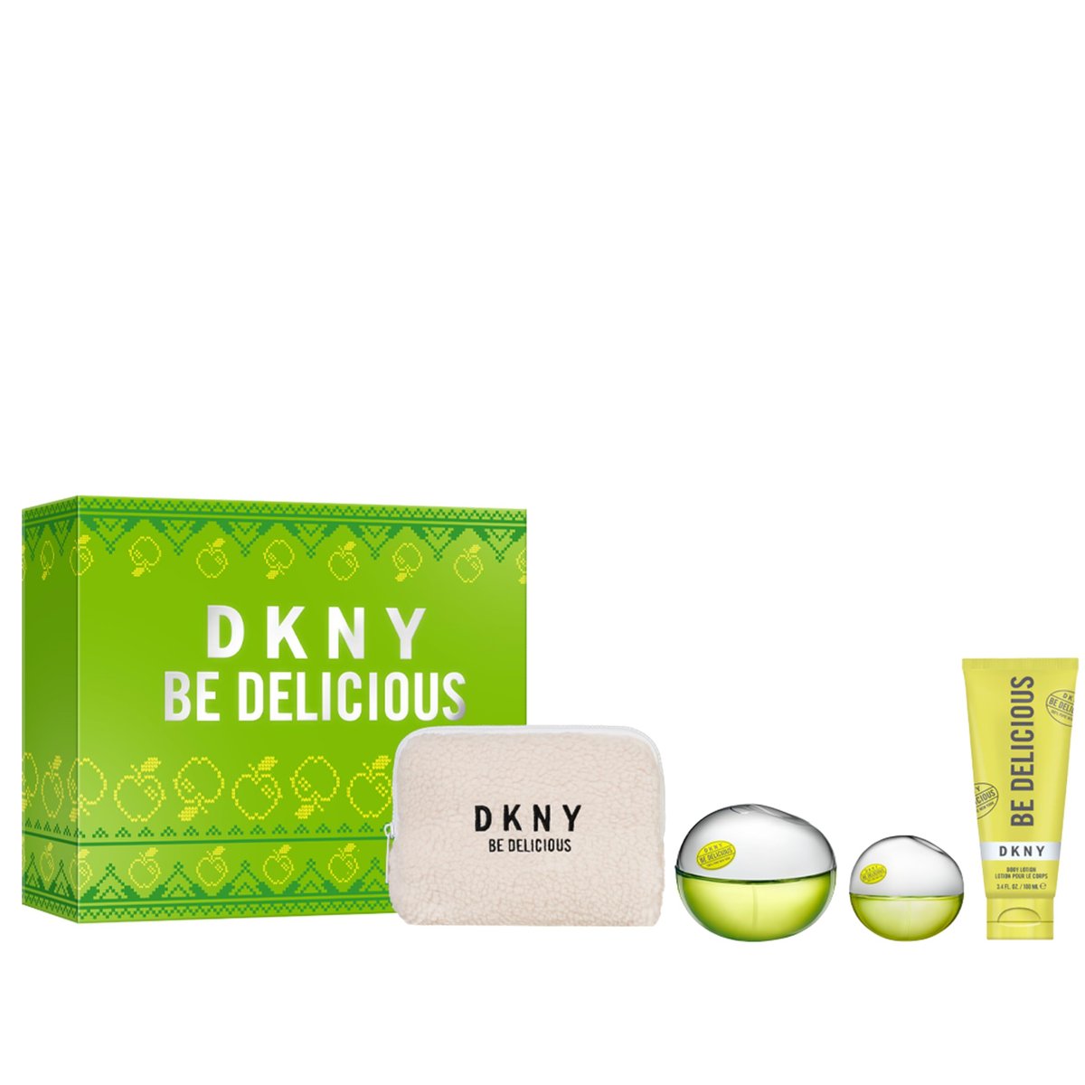 DKNY Be Delicious for Women - 4 Piece Gift Set: 3.4 oz EDP Spray, 0.5 oz EDP Spray, 3.4 oz Body Lotion, Pouch Avelisse