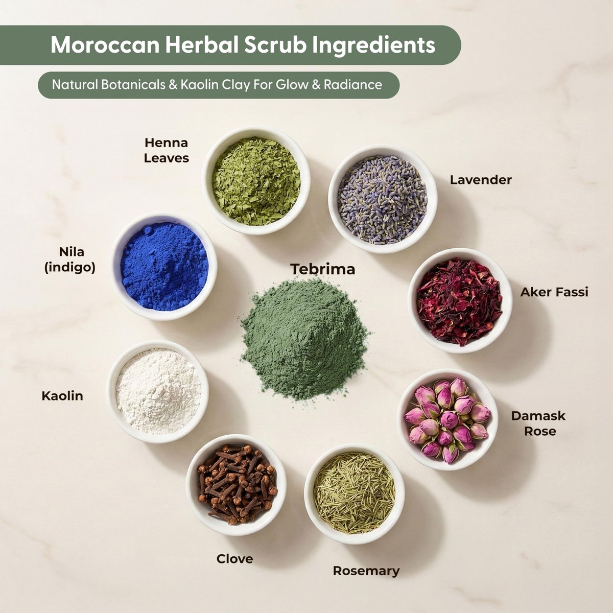 Moroccan Tebrima Herbal Exfoliating Body Scrub Powder | Natural Body Exfoliator for Women & Men, Gentle Bikini Exfoliating Scrub with Nila, Henna, Rose & White Clay for Smooth, Glowing Skin Avelisse