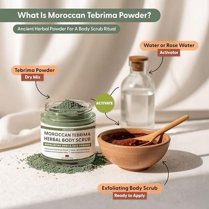 Moroccan Tebrima Herbal Exfoliating Body Scrub Powder | Natural Body Exfoliator for Women & Men, Gentle Bikini Exfoliating Scrub with Nila, Henna, Rose & White Clay for Smooth, Glowing Skin Avelisse