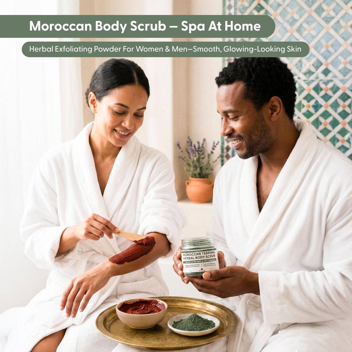 Moroccan Tebrima Herbal Exfoliating Body Scrub Powder | Natural Body Exfoliator for Women & Men, Gentle Bikini Exfoliating Scrub with Nila, Henna, Rose & White Clay for Smooth, Glowing Skin Avelisse