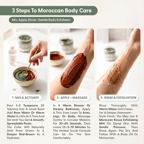 Moroccan Tebrima Herbal Exfoliating Body Scrub Powder | Natural Body Exfoliator for Women & Men, Gentle Bikini Exfoliating Scrub with Nila, Henna, Rose & White Clay for Smooth, Glowing Skin Avelisse