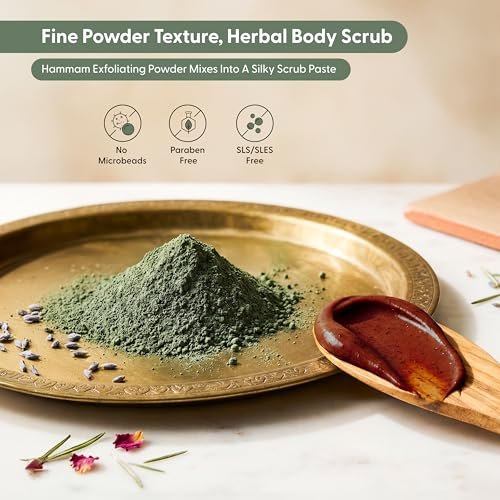 Moroccan Tebrima Herbal Exfoliating Body Scrub Powder | Natural Body Exfoliator for Women & Men, Gentle Bikini Exfoliating Scrub with Nila, Henna, Rose & White Clay for Smooth, Glowing Skin Avelisse