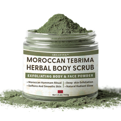 Moroccan Tebrima Herbal Exfoliating Body Scrub Powder | Natural Body Exfoliator for Women & Men, Gentle Bikini Exfoliating Scrub with Nila, Henna, Rose & White Clay for Smooth, Glowing Skin Avelisse