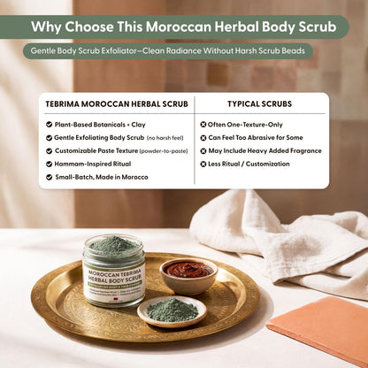 Moroccan Tebrima Herbal Exfoliating Body Scrub Powder | Natural Body Exfoliator for Women & Men, Gentle Bikini Exfoliating Scrub with Nila, Henna, Rose & White Clay for Smooth, Glowing Skin Avelisse