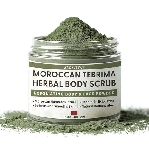 Moroccan Tebrima Herbal Exfoliating Body Scrub Powder | Natural Body Exfoliator for Women & Men, Gentle Bikini Exfoliating Scrub with Nila, Henna, Rose & White Clay for Smooth, Glowing Skin Avelisse