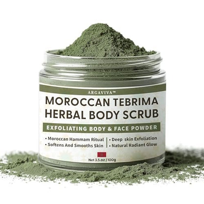 Moroccan Tebrima Herbal Exfoliating Body Scrub Powder | Natural Body Exfoliator for Women & Men, Gentle Bikini Exfoliating Scrub with Nila, Henna, Rose & White Clay for Smooth, Glowing Skin Avelisse
