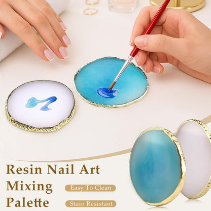 2PCS Resin Nail Art Mixing Palette – Gold-Edged Cosmetic Display Board for Nail Gel, Foundation, Eyeshadow & Pigment Blending, Durable & Easy to Clean (Blue, White)