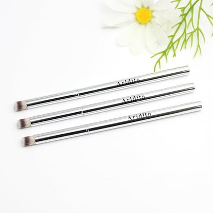 Aridito 3-Piece Nail Art Gradient Brush Set - Silver Metal Handle, Soft Firm Bristles for Chrome, Mica Powder & Aura Nails - No Shedding, Easy Clean DIY Tool
