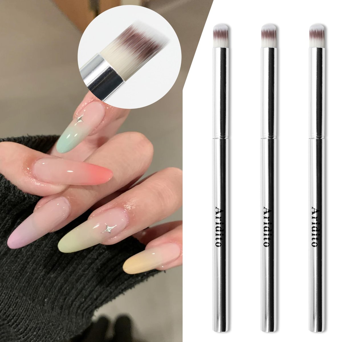 Aridito 3-Piece Nail Art Gradient Brush Set - Silver Metal Handle, Soft Firm Bristles for Chrome, Mica Powder & Aura Nails - No Shedding, Easy Clean DIY Tool - görsel 11