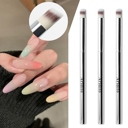 Aridito 3-Piece Nail Art Gradient Brush Set - Silver Metal Handle, Soft Firm Bristles for Chrome, Mica Powder & Aura Nails - No Shedding, Easy Clean DIY Tool