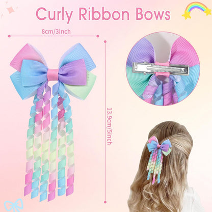 KIDSBETT 6PCS Hair Bows for Girls - Curly Hair Bows Clip Ribbon Barrettes Alligator Clips Hair Accessories for Toddlers