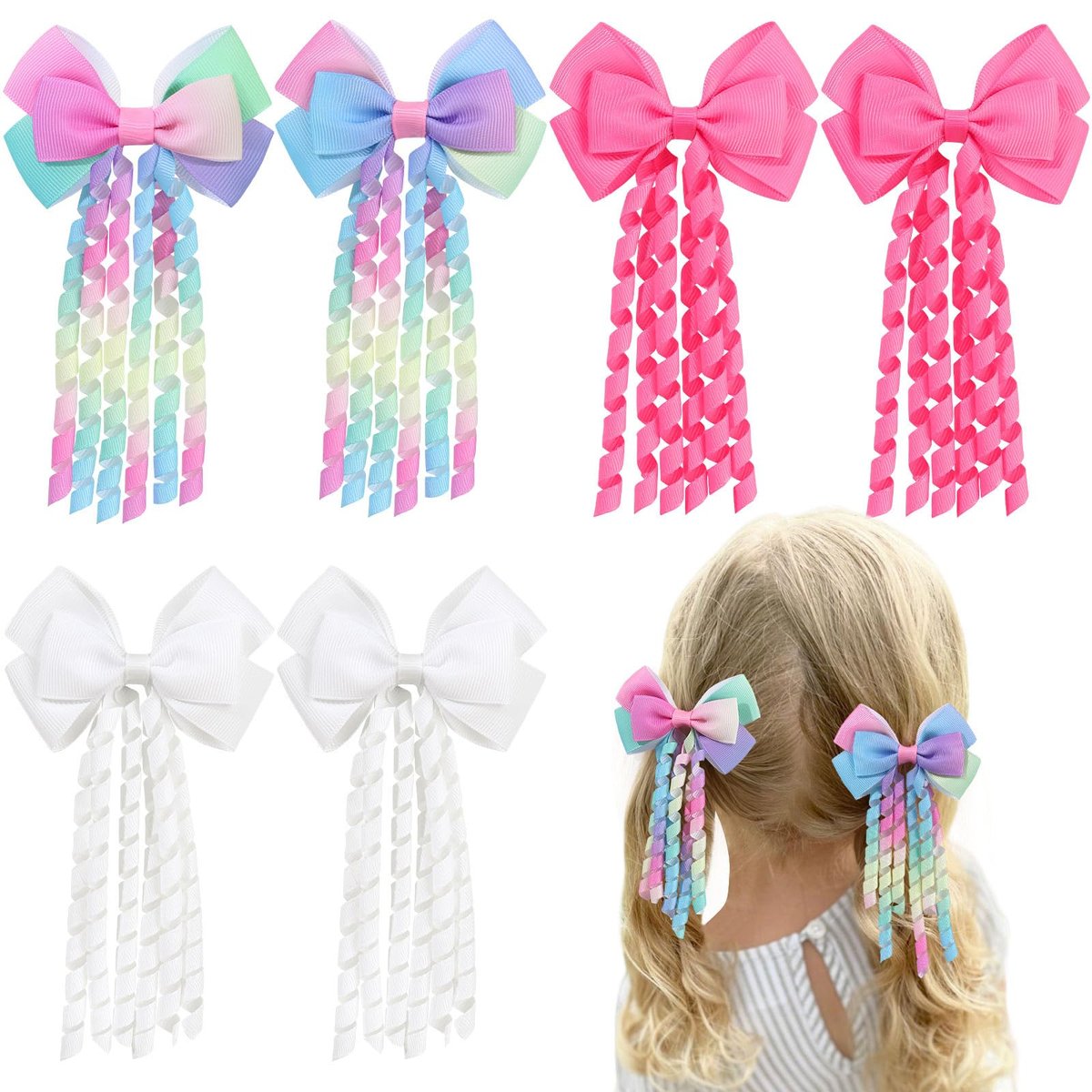 KIDSBETT 6PCS Hair Bows for Girls - Curly Hair Bows Clip Ribbon Barrettes Alligator Clips Hair Accessories for Toddlers - görsel 1