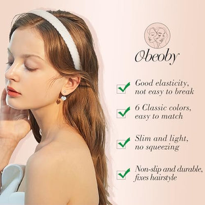 obeoby 6 Pack Trendy Headbands for Thicker Hair, Non Slip 0.6 Inch Thin Knitted Hairbands Assorted Colors for Girls Summer Dress Outfit