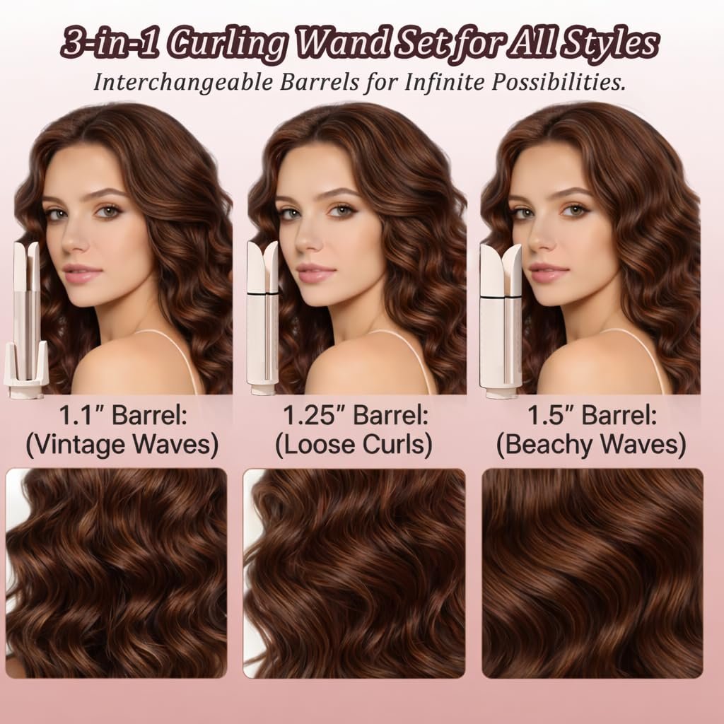 EONFAVE Automatic Curling Iron Rotating – 3-in-1 Self Curling Hair Curler with 3 Barrel Sizes for Loose Waves to Tight Curls, Negative Ion Ceramic, Anti-Tangle & Fast Heating, Safe Styling for All Hair Types (Pink) Avelisse