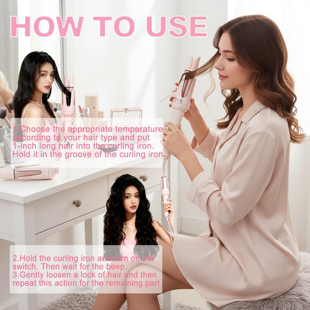 EONFAVE Automatic Curling Iron Rotating – 3-in-1 Self Curling Hair Curler with 3 Barrel Sizes for Loose Waves to Tight Curls, Negative Ion Ceramic, Anti-Tangle & Fast Heating, Safe Styling for All Hair Types (Pink) Avelisse