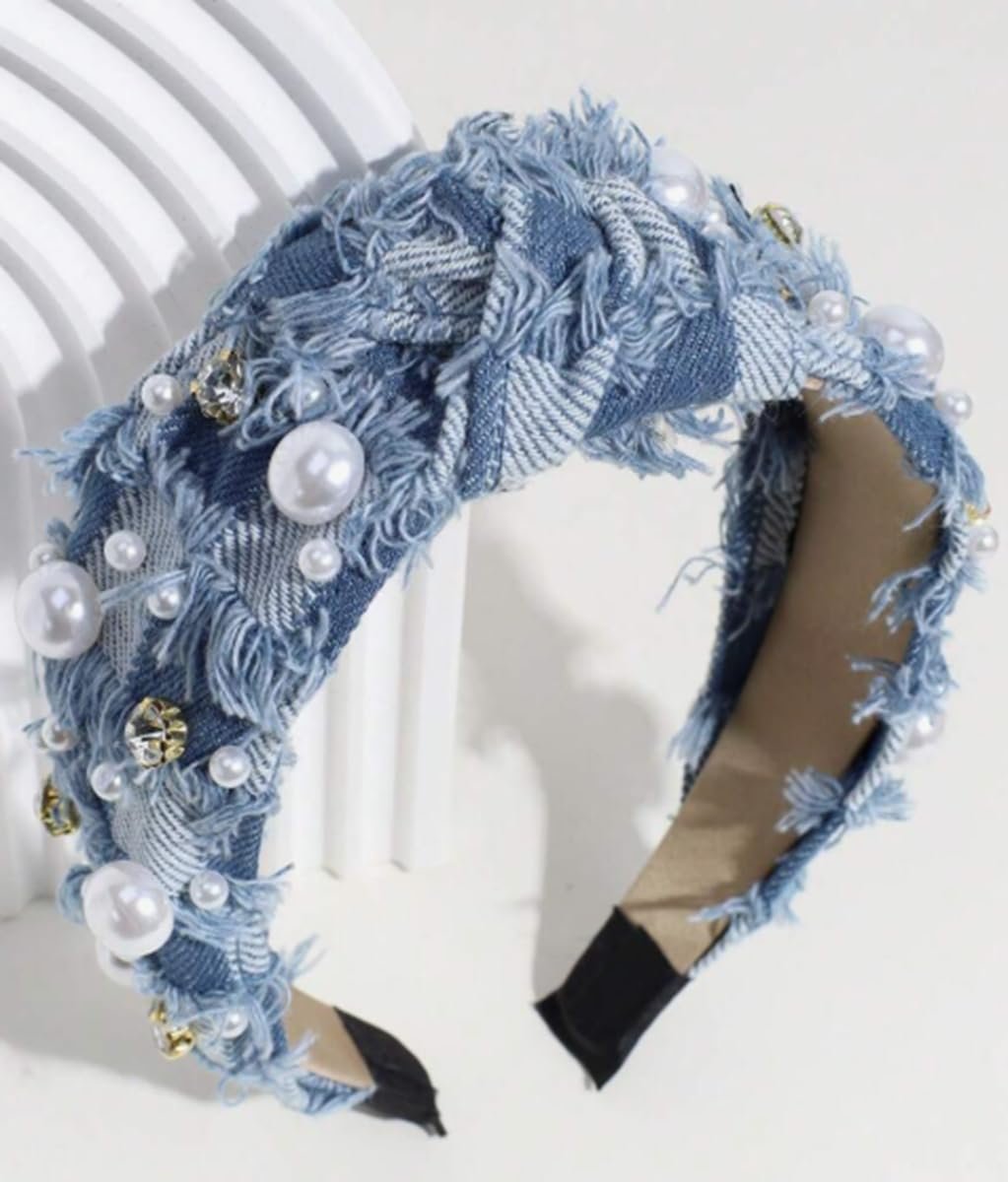 Huachi Non Slip Denim Knotted Headband for Women - Trendy Pearl Accent Hair Accessory Avelisse
