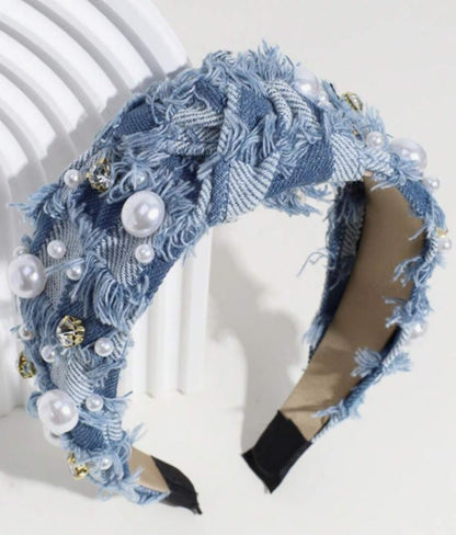 Huachi Non Slip Denim Knotted Headband for Women - Trendy Pearl Accent Hair Accessory Avelisse