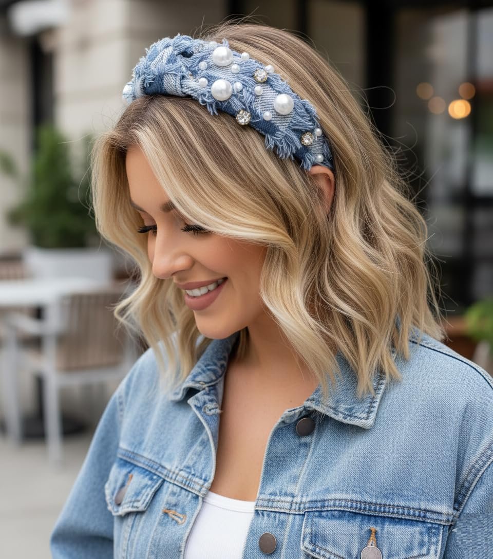 Huachi Non Slip Denim Knotted Headband for Women - Trendy Pearl Accent Hair Accessory Avelisse