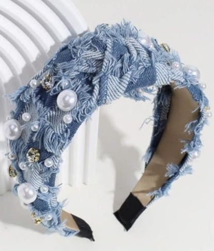 Huachi Non Slip Denim Knotted Headband for Women - Trendy Pearl Accent Hair Accessory Avelisse
