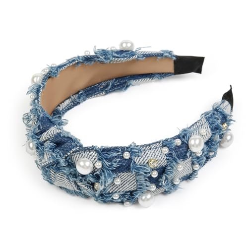 Huachi Non Slip Denim Knotted Headband for Women - Trendy Pearl Accent Hair Accessory Avelisse