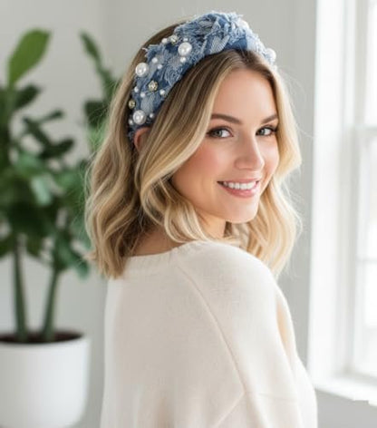 Huachi Non Slip Denim Knotted Headband for Women - Trendy Pearl Accent Hair Accessory Avelisse