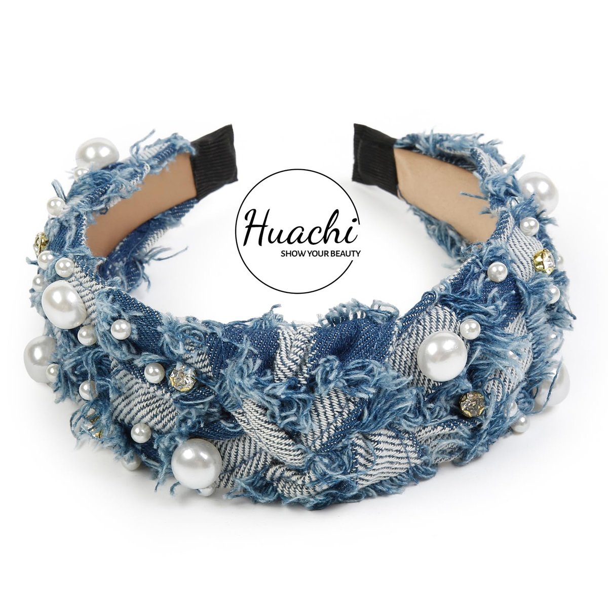 Huachi Non Slip Denim Knotted Headband for Women - Trendy Pearl Accent Hair Accessory Avelisse