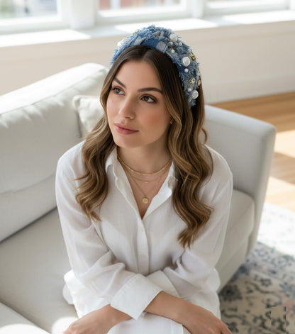 Huachi Non Slip Denim Knotted Headband for Women - Trendy Pearl Accent Hair Accessory Avelisse