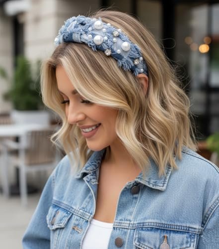 Huachi Non Slip Denim Knotted Headband for Women - Trendy Pearl Accent Hair Accessory Avelisse