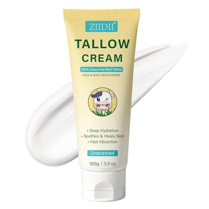 ZIIDII Whipped Grass Fed Beef Tallow Moisturizer - Unscented Organic Face & Body Balm for Dry Skin, 3.5 oz