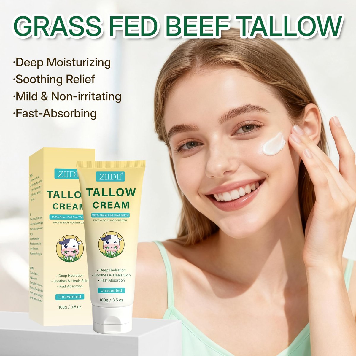 ZIIDII Whipped Grass Fed Beef Tallow Moisturizer - Unscented Organic Face & Body Balm for Dry Skin, 3.5 oz - görsel 3