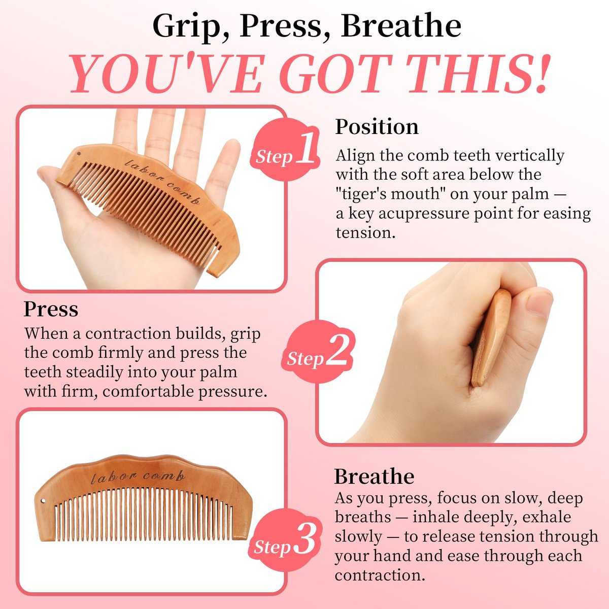 ZZTDSD Natural Wooden Birth Comb for Labor Pain Relief – Pregnancy Hospital Bag Essentials & New Mom Gift - görsel 7