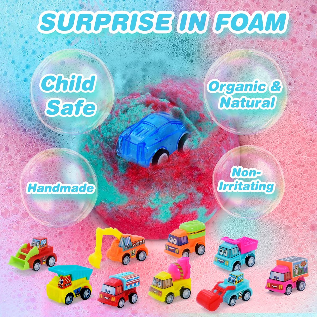Bath Bombs for Kids with Surprise Toys Inside, 6 Pack Gift Set with Pull-Back Vehicles, Fun Bright Colors Bubble Bath, Car Bath Toys for Boys Girls Birthday Easter Basket Stuffers Avelisse