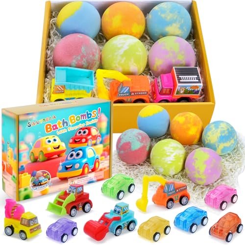 Bath Bombs for Kids with Surprise Toys Inside, 6 Pack Gift Set with Pull-Back Vehicles, Fun Bright Colors Bubble Bath, Car Bath Toys for Boys Girls Birthday Easter Basket Stuffers Avelisse
