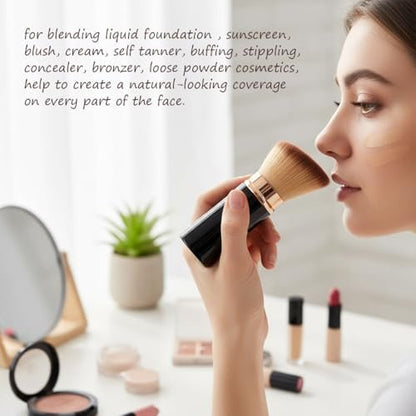 SEINGTOOM Retractable Kabuki Brush - Travel Foundation Makeup Brush with Cover - Portable Flawless for Liquid, Powder, Blush, Bronzer, Buffing - Black